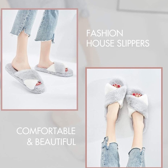 NEW Plush Memory Foam Non-Slip Water-resistant Slippers - GREY & WHITE - Picture 7 of 9